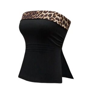 Y2K Strapless Black Tube Top with Leopard Trim